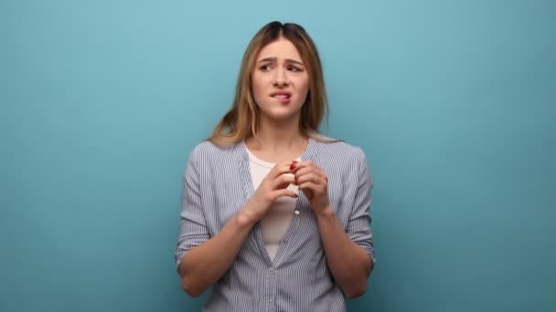 Troubles Worries Portrait Nervous Woman Biting Nails Terrified Problems Suffering — Stock Video