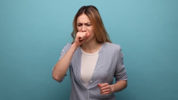 Portrait Young Adult Attractive Sick Woman Coughing Catches Cold Having — Stock Video