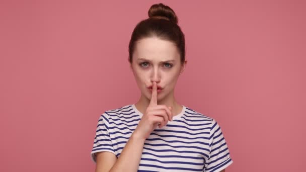 Shh Quiet Serious Woman Showing Silence Gesture Finger Her Mouth — Stock Video