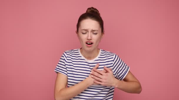 Sick Woman Bun Hairstyle Pressing Chest Painful Expression Suffering Sudden — Stock Video