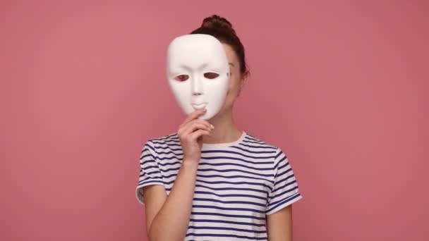 Multiple Personality Woman Hair Bun Showing Different Emotions Taking Mask — Stock Video