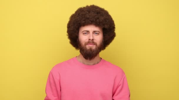 Retrato Hombre Barbudo Positivo Feliz Con Peinado Afro Mirando Cámara — Vídeos de Stock