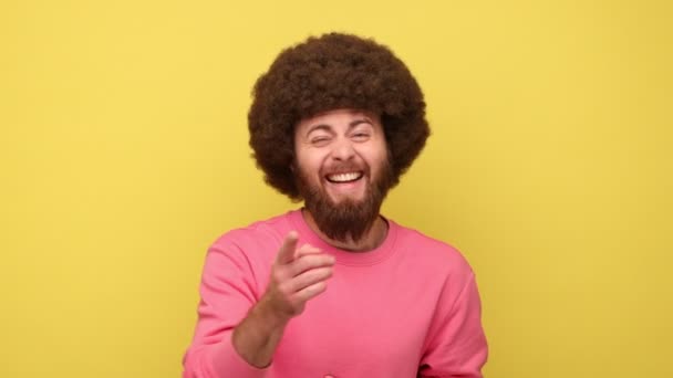 興奮した髭を生やした男アフロの髪型は大声で腹を保持し あなたに指を指して笑って ピンクのスウェットシャツを着て 黄色の背景に隔離された屋内スタジオショット — ストック動画