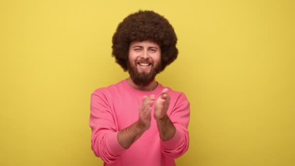 Barbudo Sonriente Hombre Hipster Satisfecho Con Afro Peinado Aplaudiendo Las — Vídeos de Stock