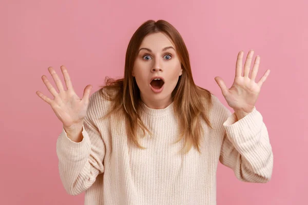 Portrait Shocked Young Adult Blond Woman Standing Raised Arms Big — Stock Photo, Image