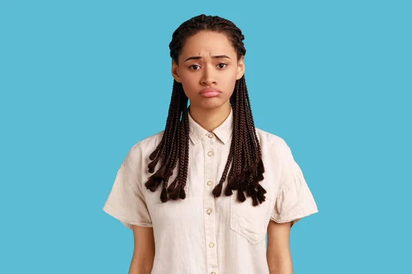 Offended Woman Black Dreadlocks Looking Sulking Frowning Face Waits Explanations — Stock Photo, Image