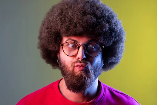 Portrait Crazy Hipster Man Afro Hairstyle Standing Crossed Eyes Looking — Stock Photo, Image