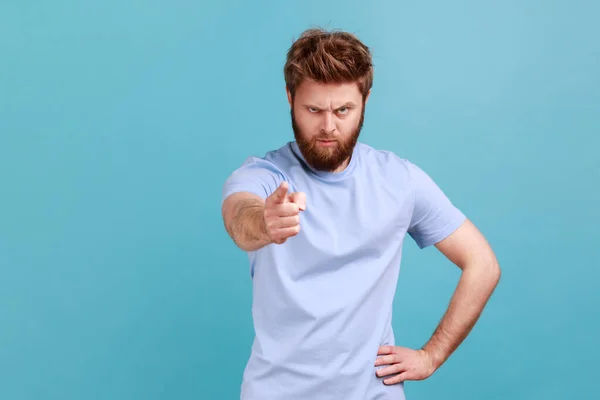 Hey You Portrait Young Adult Displeased Bossy Bearded Man Pointing — Stock Photo, Image