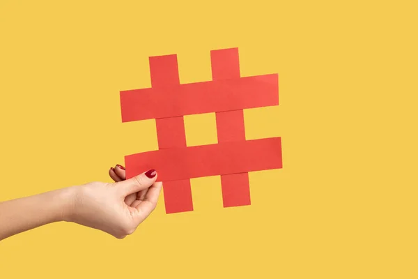 Closeup Woman Hand Holding Large Red Paper Hashtag Symbol Hash — Stock Photo, Image