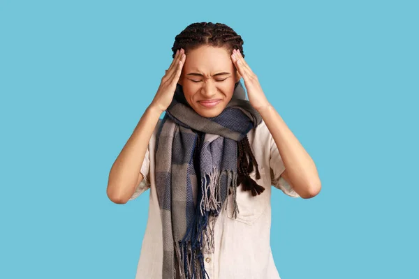 Unhealthy Woman Black Dreadlocks Wrapped Scarf Catching Cold Rubs Temples — 스톡 사진