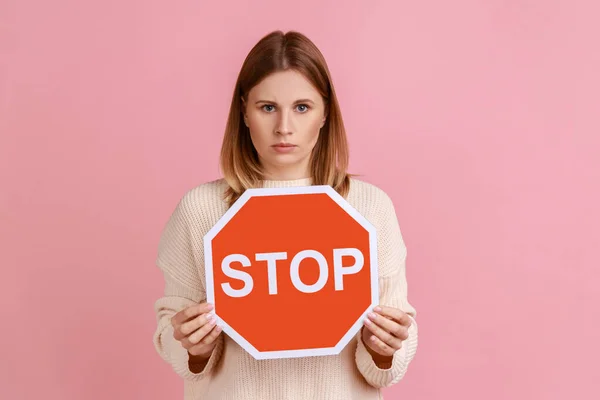 Portrait Strict Bossy Blond Woman Holding Red Stop Sign Looking —  Fotos de Stock