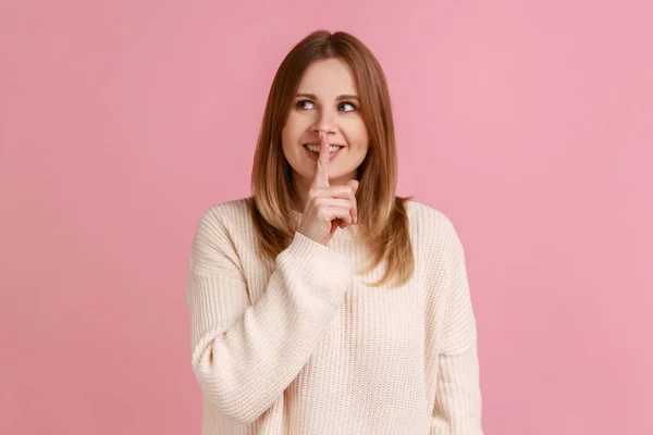 Portrait Optimistic Positive Young Blond Woman Standing Showing Hush Sign — стоковое фото