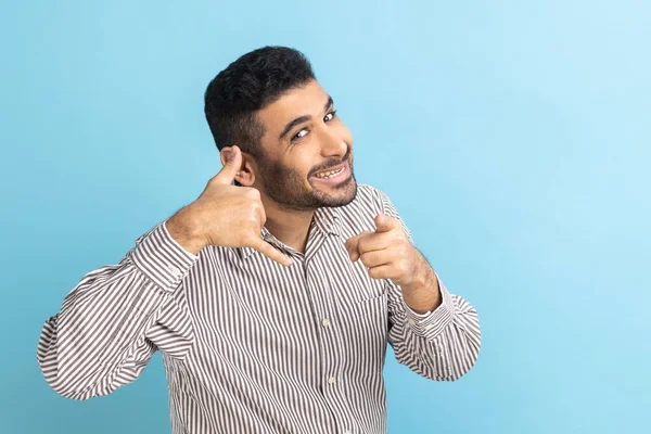 Portrait Positive Businessman Beard Making Gesture Fingers Dial Number Call — Foto de Stock