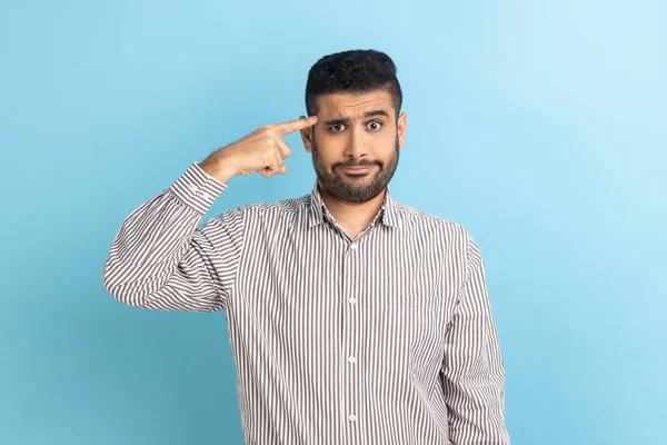 Dissatisfied Angry Businessman Beard Showing Crazy Stupid Gesture Holding Finger — Photo