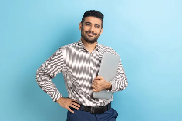 Portrait Confident Businessman Standing Holding Closed Laptop Folder Has Positive — Foto de Stock