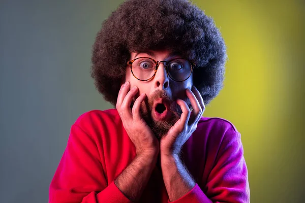 Hipster Man Afro Hairstyle Confused Shocked Information Looking Astonishment Fear — стоковое фото