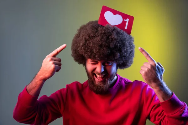 Hipster Man Holding Pointing Heart Icon Social Media His Head — стоковое фото