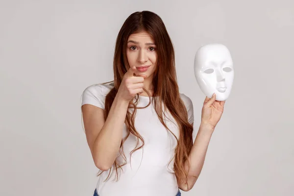Portrait Dark Haired Woman Pointing Finger You Holding White Mask — 스톡 사진