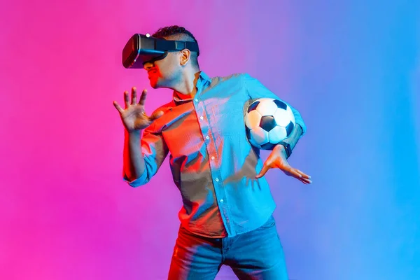 Man Shirt Wearing Headset Standing Soccer Ball Raised Arms Watching — Stock Photo, Image