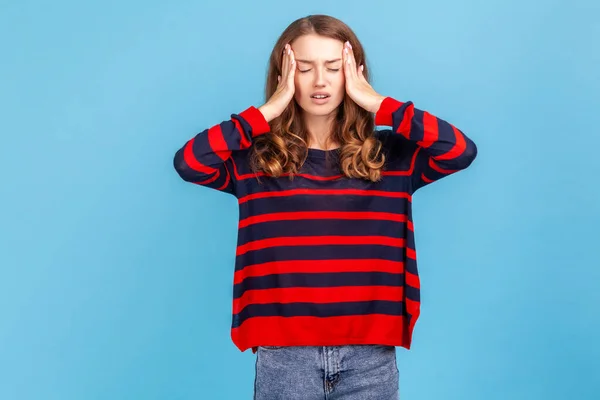 Sick Woman Wearing Striped Casual Style Sweater Pressing Fingers Temples — Stok fotoğraf