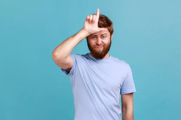 Portrait Handsome You Adult Bearded Man Showing Looser Gesture Holding — Photo