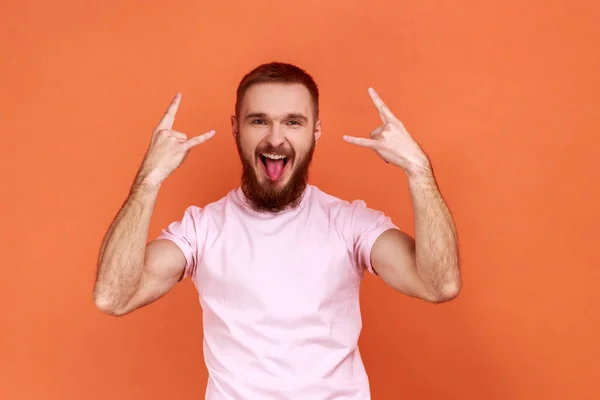 Portrait Bearded Man Showing Rock Roll Sign Hand Gesture Looking — Zdjęcie stockowe