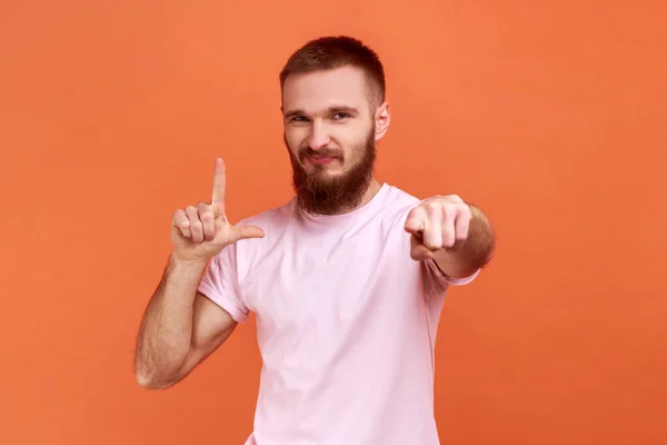 Hey You Failed Portrait Bearded Man Showing Loser Gesture Pointing — стоковое фото