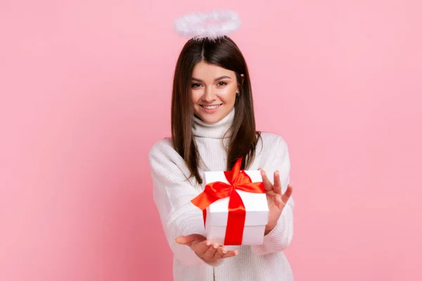Charming Brunette Angelic Woman Nimb Head Giving Present Box Congratulating — Stock Photo, Image