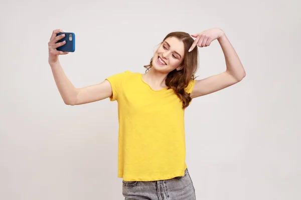 Portrait Charming Smiling Teen Girl Brown Hair Communicating Video Call — Foto de Stock