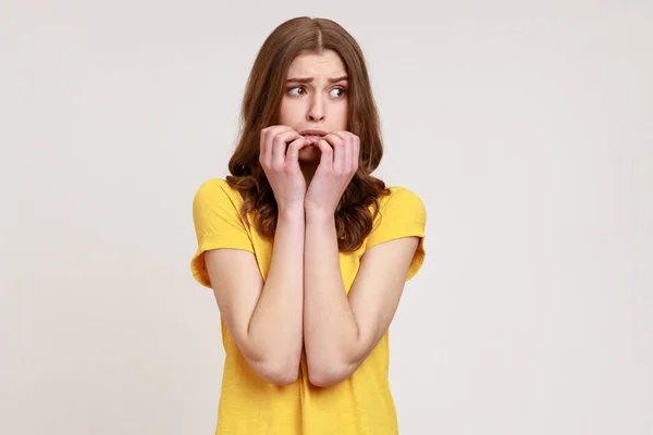 Anxious Nervous Female Young Age Brown Hair Shirt Biting Nails — ストック写真