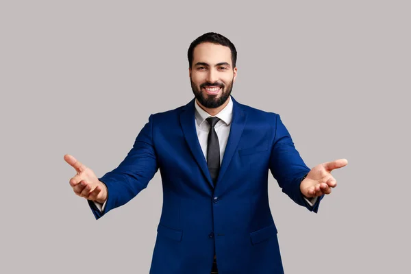 Portrait Smiling Satisfied Bearded Businessman Widely Spreading His Arms Welcoming — Stock Photo, Image