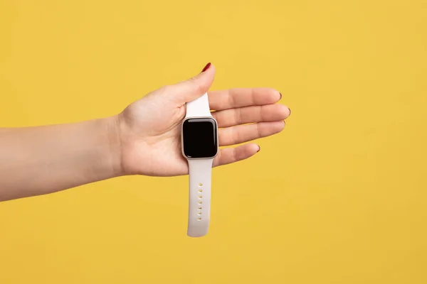 Closeup Side View Woman Hand Holding Smartwatch Empty Screen White — стоковое фото