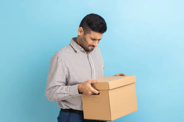 Portrait Positive Businessman Holding Cardboard Parcel Delivering Orders Address Looking — Foto Stock