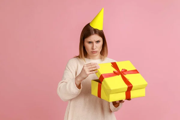 Portrait Sad Upset Unhappy Blond Woman Party Cone Unpacking Present — Photo