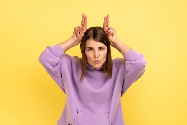 Portrait Aggressive Woman Holding Fingers Head Showing Horns Arrogant Stubborn — Fotografia de Stock