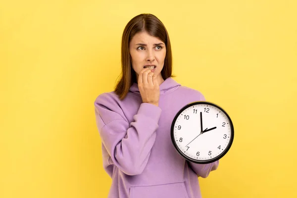 Portrait Impatient Nervous Attractive Woman Biting Her Nails Holding Big — Foto de Stock