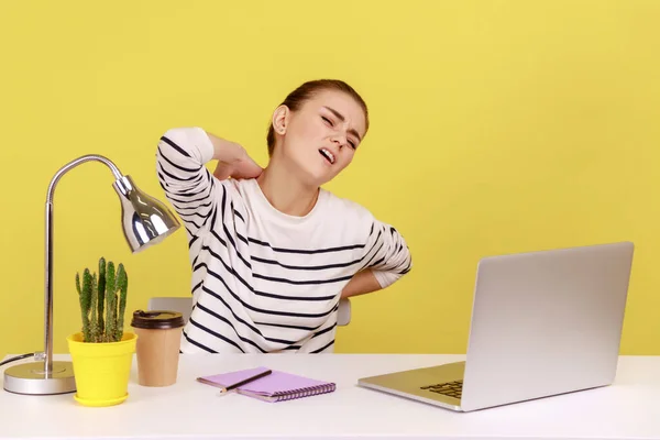 Exhausted Woman Office Worker Wearing Striped Shirt Sitting Workplace Suffering — ストック写真