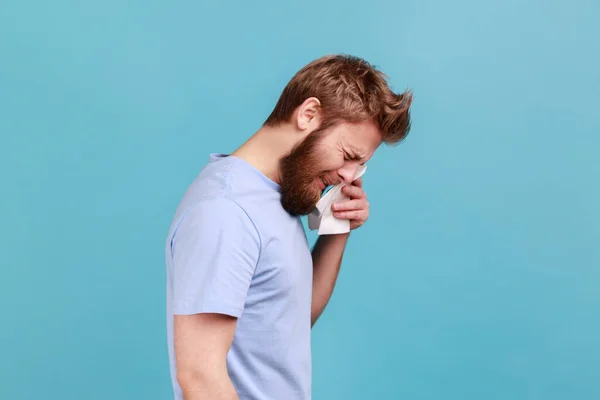 Side View Unhappy Frustrated Bearded Man Sobs Rubs Tears Handkerchief — Stock Fotó