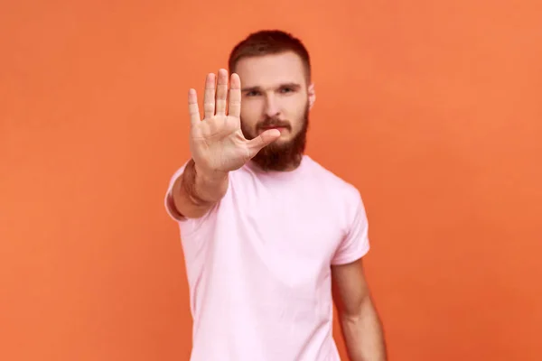 Serious Concerned Man Making Stop Gesture Showing Palm Hand Conflict — Fotografia de Stock