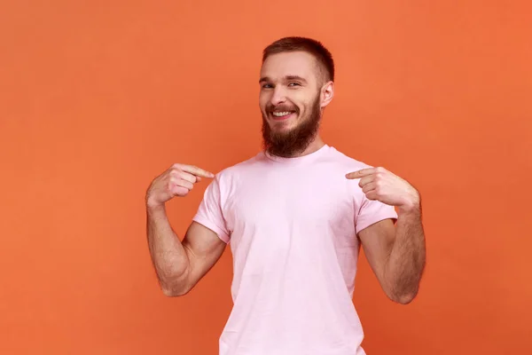 Portrait Handsome Bearded Man Toothy Smile Face Pointing Fingers Himself — Fotografia de Stock