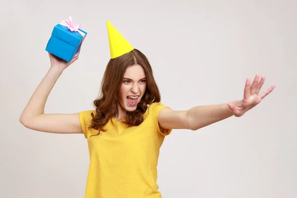 Catch Your Present Take Happy Carefree Young Female Yellow Shirt — Foto Stock