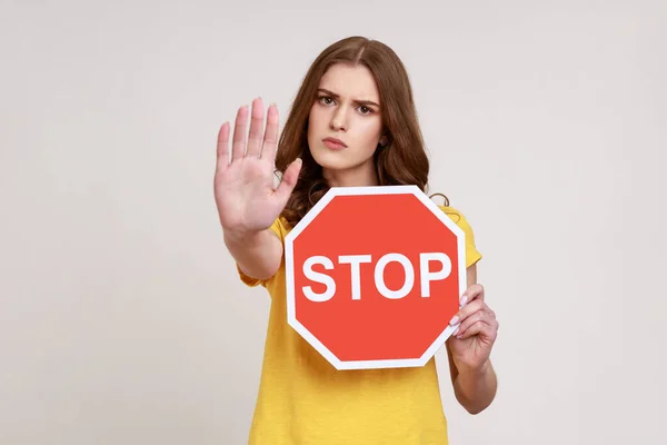 Prohibited Portrait Strict Bossy Teenager Girl Looking Seriously Camera Showing — Zdjęcie stockowe