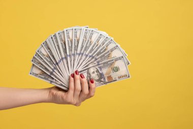 Yan görüntüde kadın eli, dolar banknotları, silah taşıma, bol para ve zengin hayat, büyük kar, finansal gelir. Sarı arka planda kapalı stüdyo çekimleri.