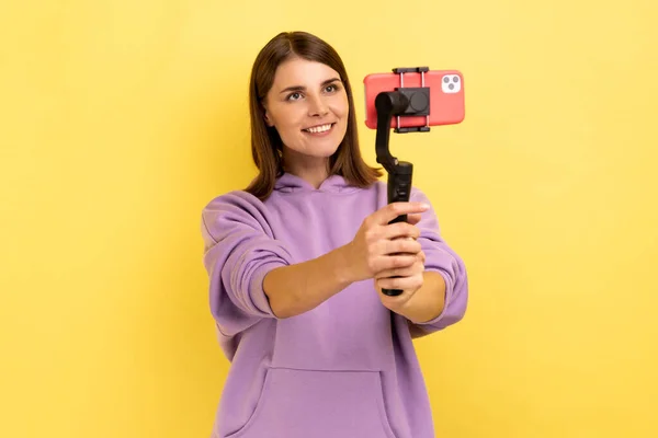 Portrait Happy Delighted Woman Using Cell Phone Steadicam Broadcasting Livestream — Stock Fotó