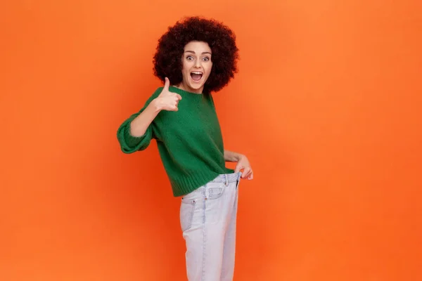 Portrait Positive Excited Woman Afro Hairstyle Wearing Green Casual Style — 스톡 사진