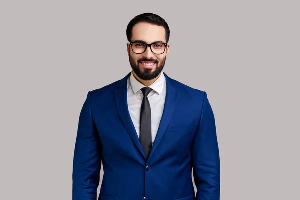 Portrait Happy Smiling Satisfied Bearded Businessman Eyeglasses Looking Camera Positive — Stockfoto