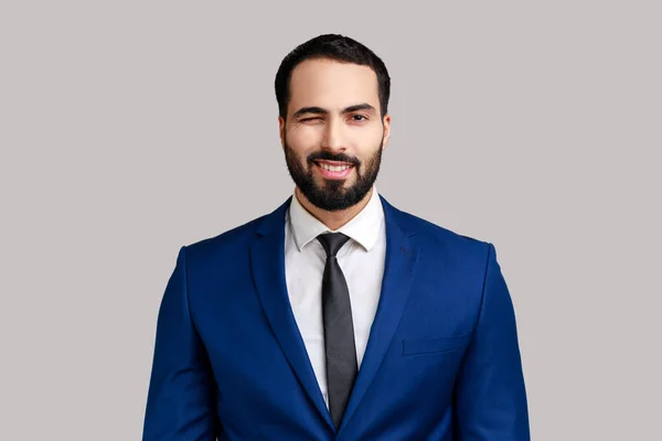 Portrait Bearded Businessman Good Mood Smiling Broadly Winking Camera Toothy — 图库照片