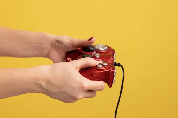 Profile Side View Closeup Portrait Woman Hand Holding Red Gamepad — Stock fotografie