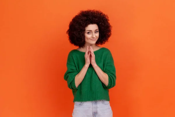 Jeune Femme Adulte Rusée Avec Une Coiffure Afro Portant Pull — Photo