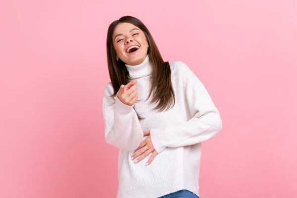 Happy Female Laughing Out Loud Pointing Finger Camera Hearing Funny — Stockfoto